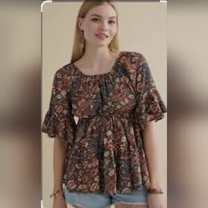 Earthbound Trading Co Boho Print Short Sleeve Blouse Floral Size Small Multicolo